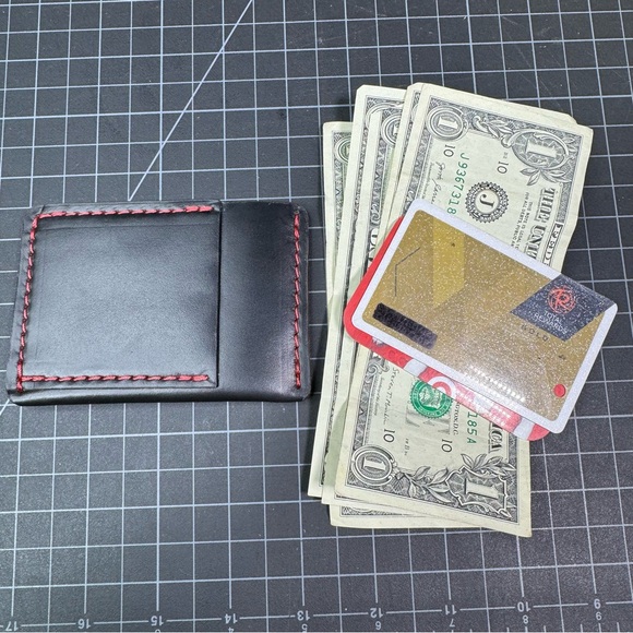 Ultra slim wallet minimalist leather card holder -black with red stitch - Picture 5 of 8